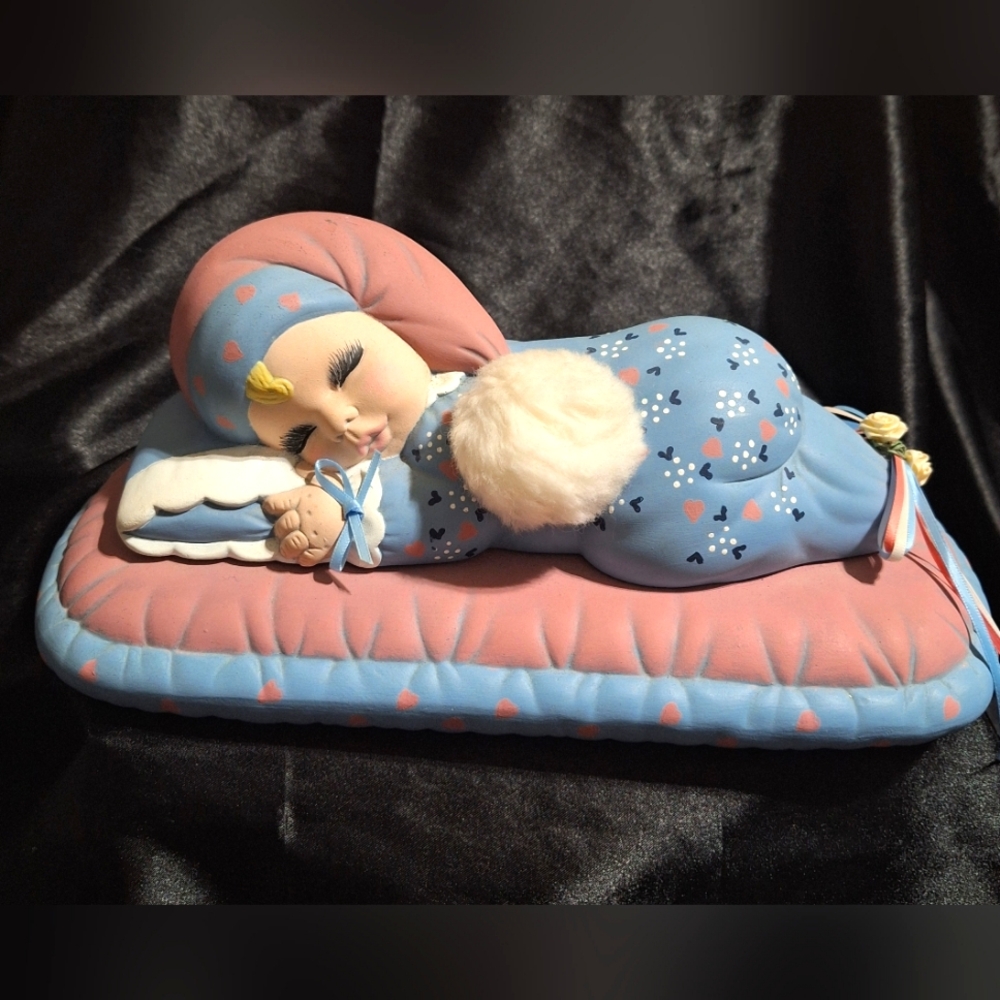Vintage 1980's Hand Painted Ceramic Baby Girl Figurine~Ramora~Country Blue